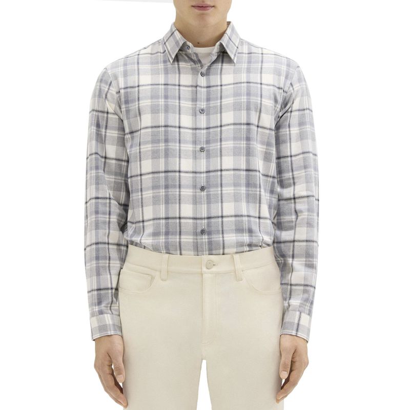 Theory Mens Plaid Twill Flannel Irving Shirt Medium Ivory Multi - Nwt $265